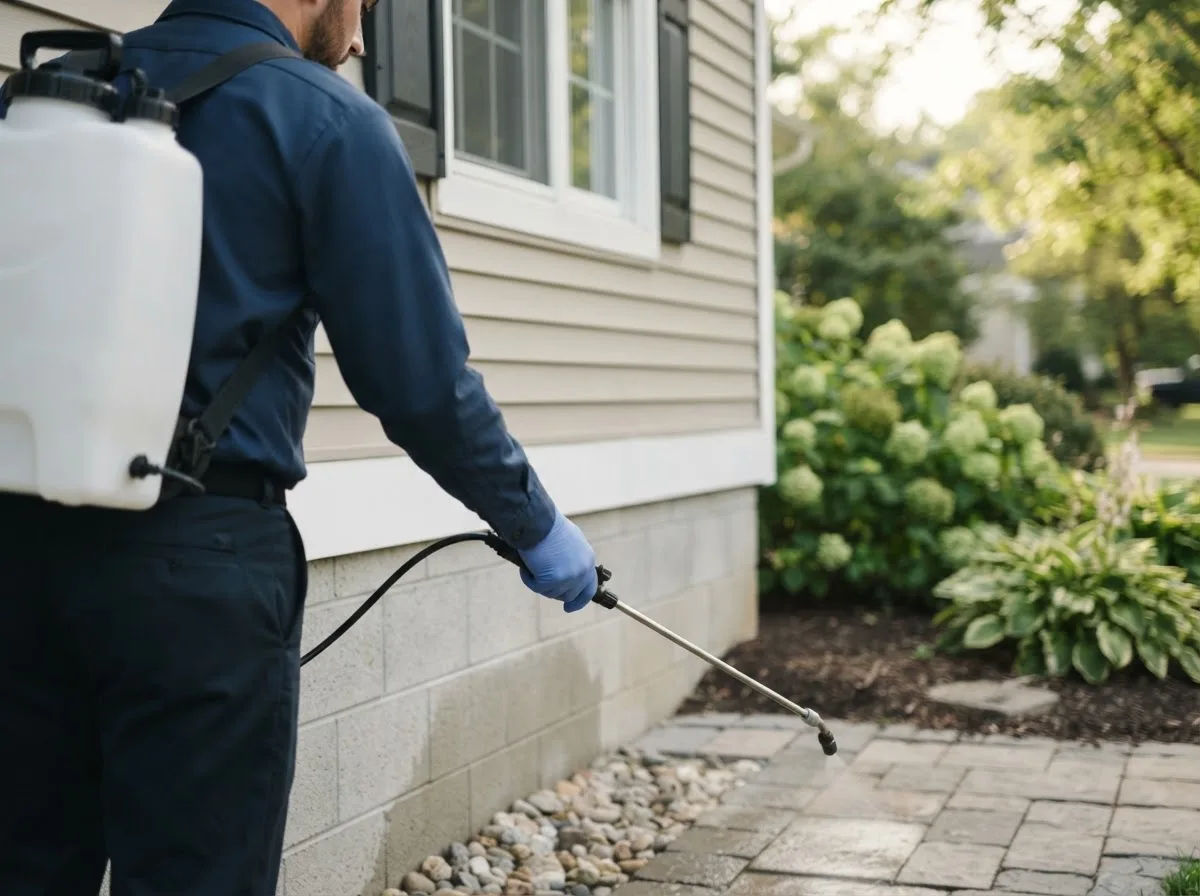 Pest control technician inspecting a home in Brohman, MI